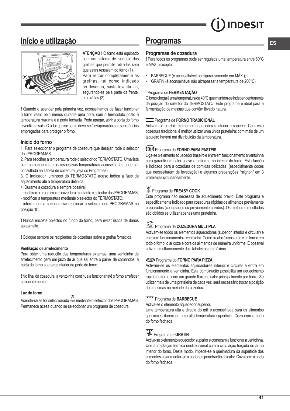 Início e utilização, Programas, Início do forno | Programas de cozedura | Indesit IFG-83-KC.A-(TD) User Manual | Page 41 / 60