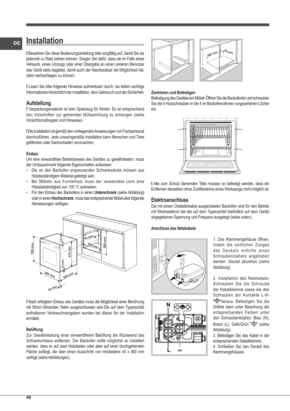 Installation, Aufstellung, Elektroanschluss | Indesit IFG-83-KC.A-(TD) User Manual | Page 46 / 60