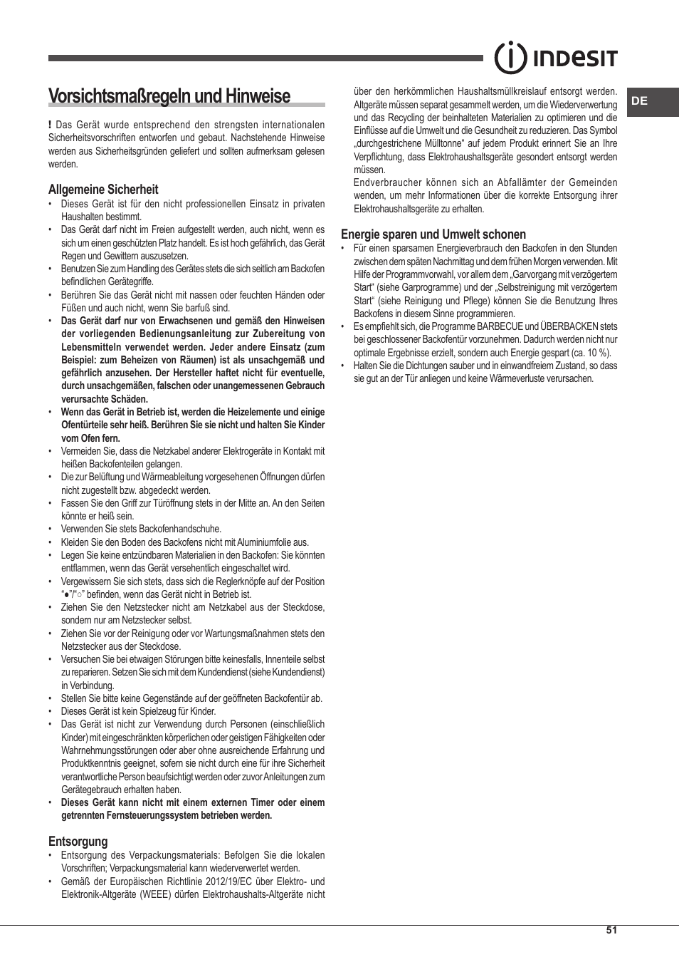 Vorsichtsmaßregeln und hinweise, Allgemeine sicherheit, Entsorgung | Energie sparen und umwelt schonen | Indesit IFG-83-KC.A-(TD) User Manual | Page 51 / 60
