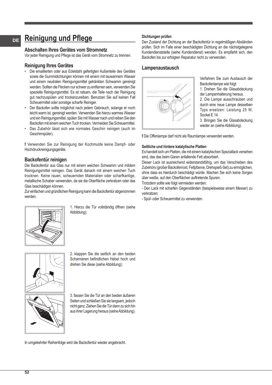 Reinigung und pflege, Abschalten ihres gerätes vom stromnetz, Reinigung ihres gerätes | Backofentür reinigen, Lampenaustausch | Indesit IFG-83-KC.A-(TD) User Manual | Page 52 / 60