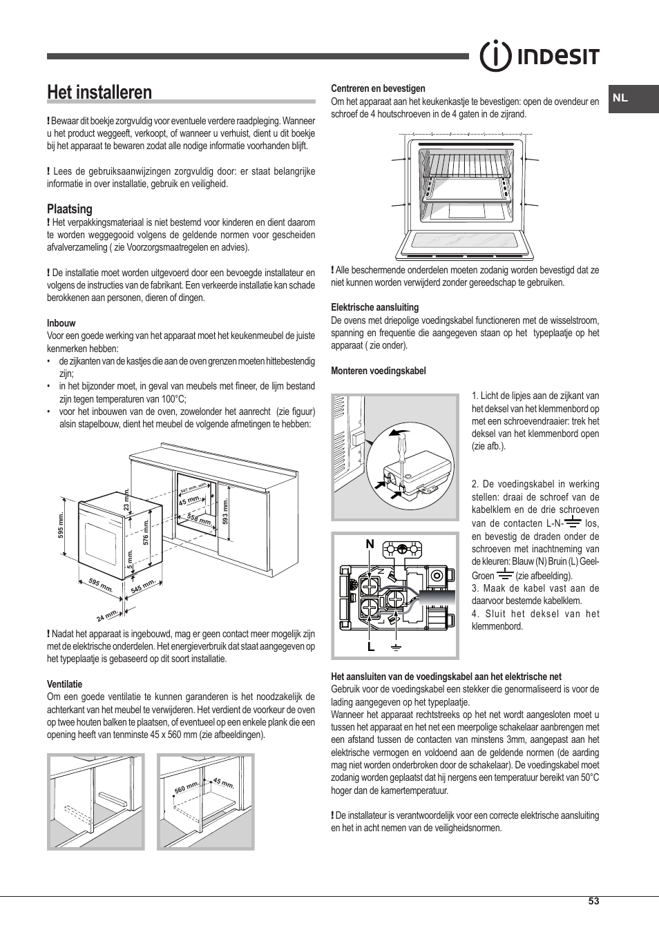 Het installeren, Plaatsing | Indesit IFG-83-KC.A-(TD) User Manual | Page 53 / 60
