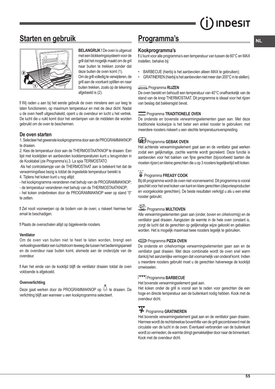 Starten en gebruik, Programma’s, De oven starten | Kookprogramma’s | Indesit IFG-83-KC.A-(TD) User Manual | Page 55 / 60