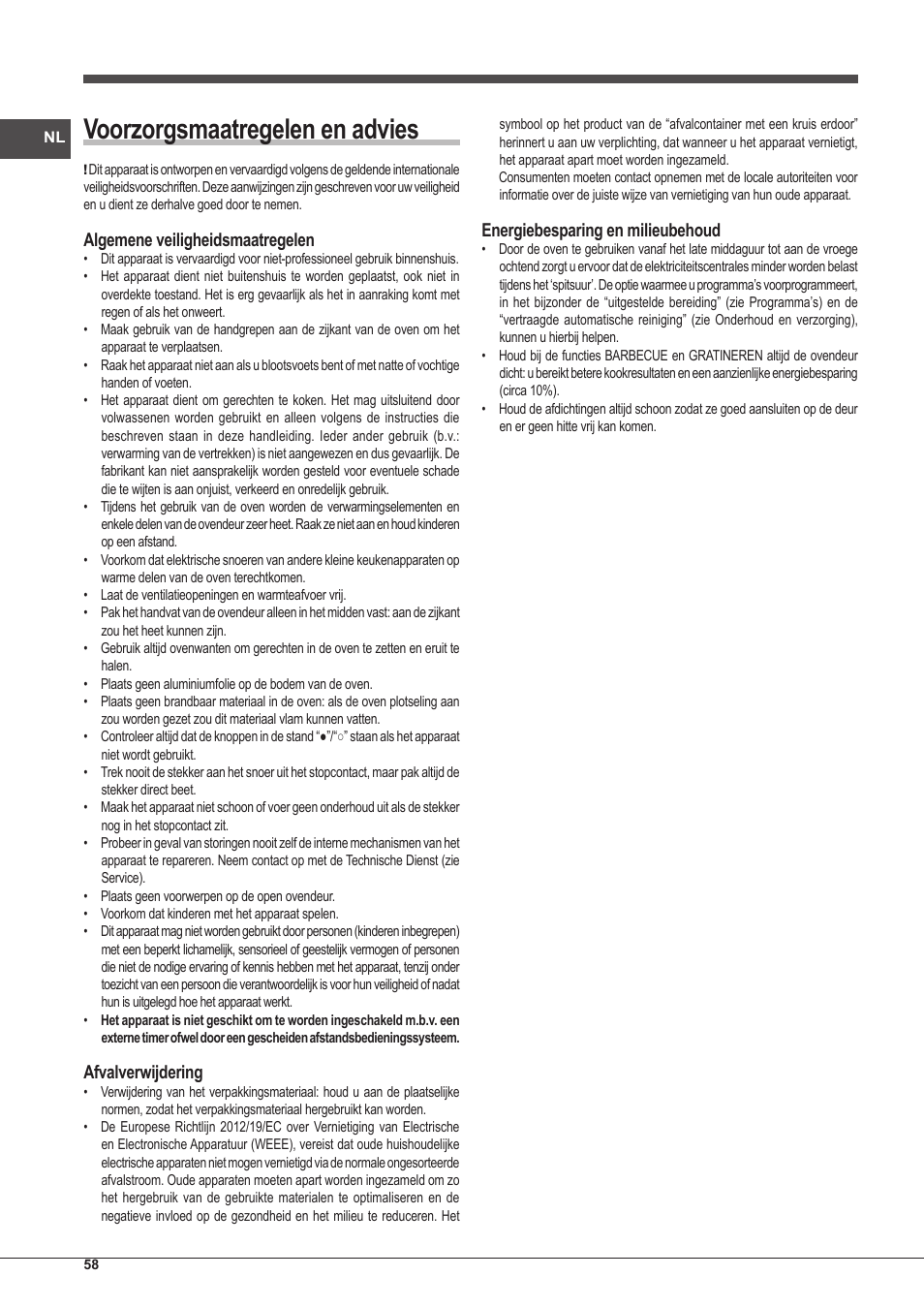 Voorzorgsmaatregelen en advies, Algemene veiligheidsmaatregelen, Afvalverwijdering | Energiebesparing en milieubehoud | Indesit IFG-83-KC.A-(TD) User Manual | Page 58 / 60
