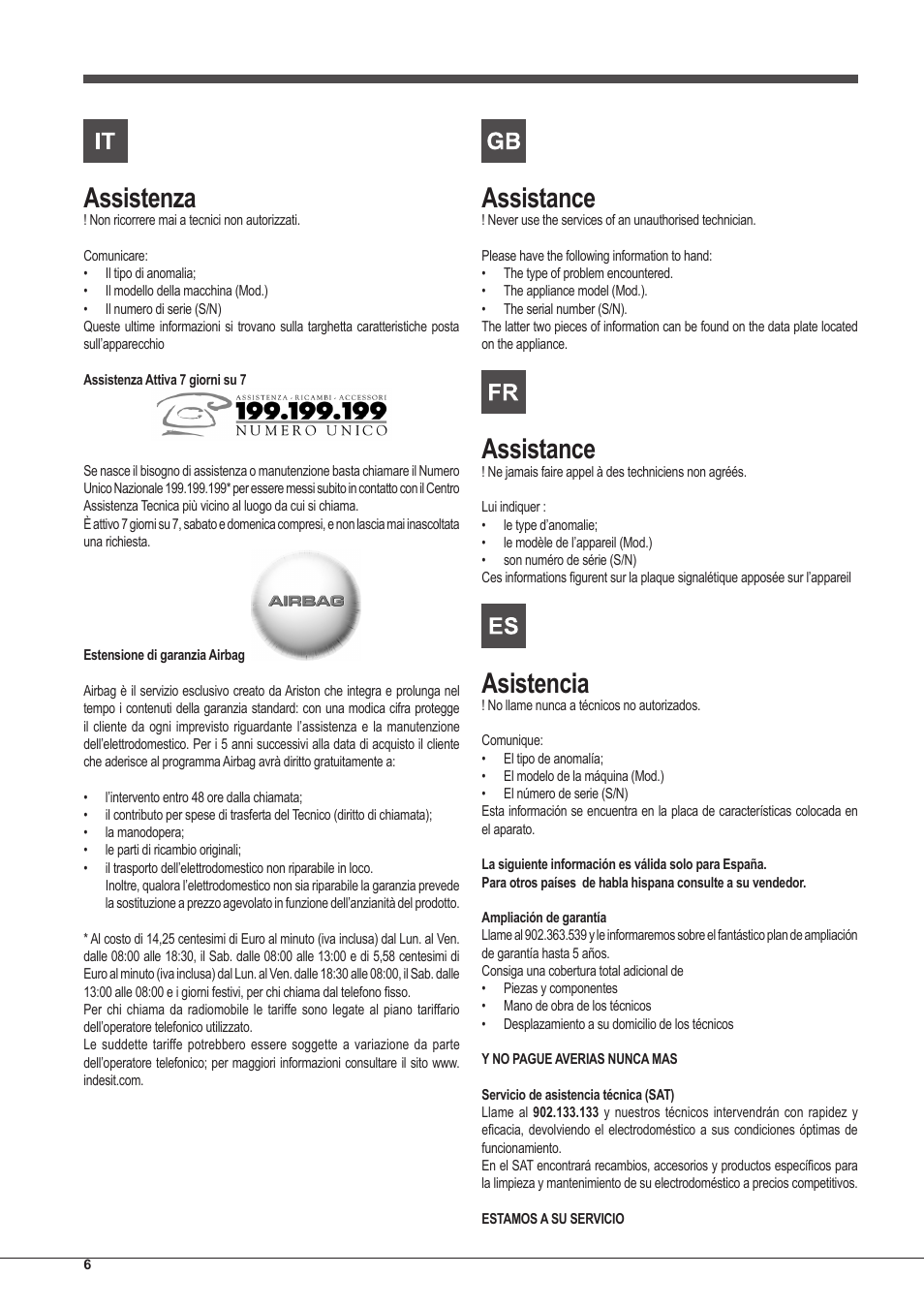 Assistenza, Assistance, Asistencia | Indesit IFG-83-KC.A-(TD) User Manual | Page 6 / 60