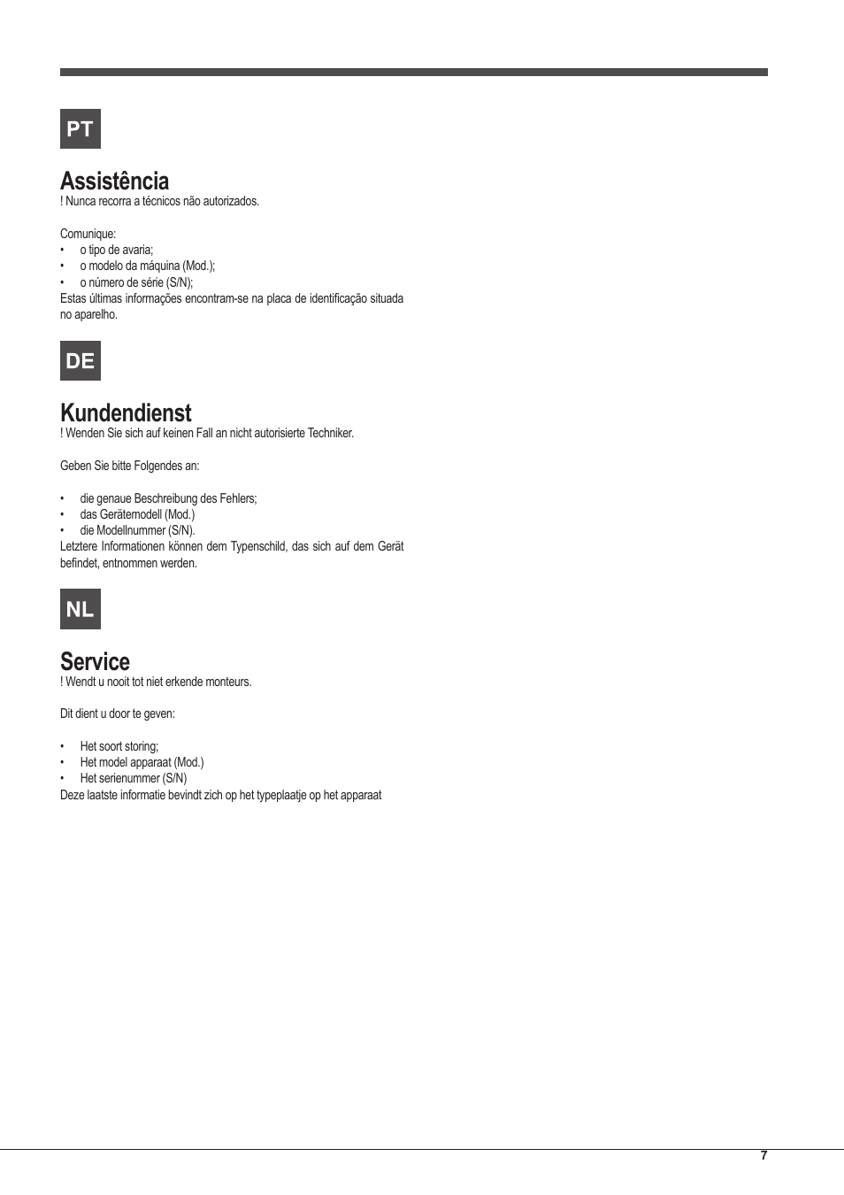 Assistência, Kundendienst, Service | Indesit IFG-83-KC.A-(TD) User Manual | Page 7 / 60