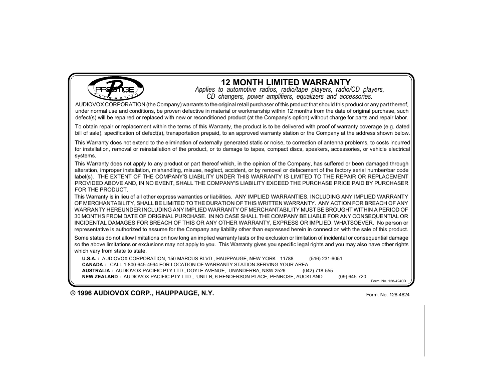 12 month limited warranty | Audiovox PRESTIGE PMC-50 User Manual | Page 12 / 12
