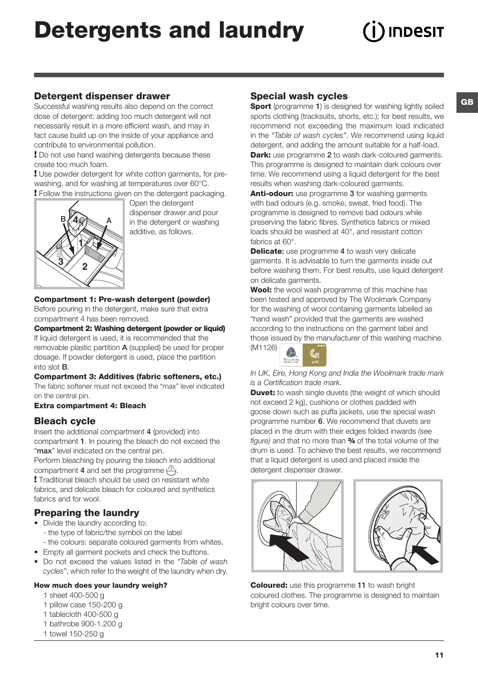 Detergents and laundry | Indesit XWE-61452-W-EU User Manual | Page 11 / 72