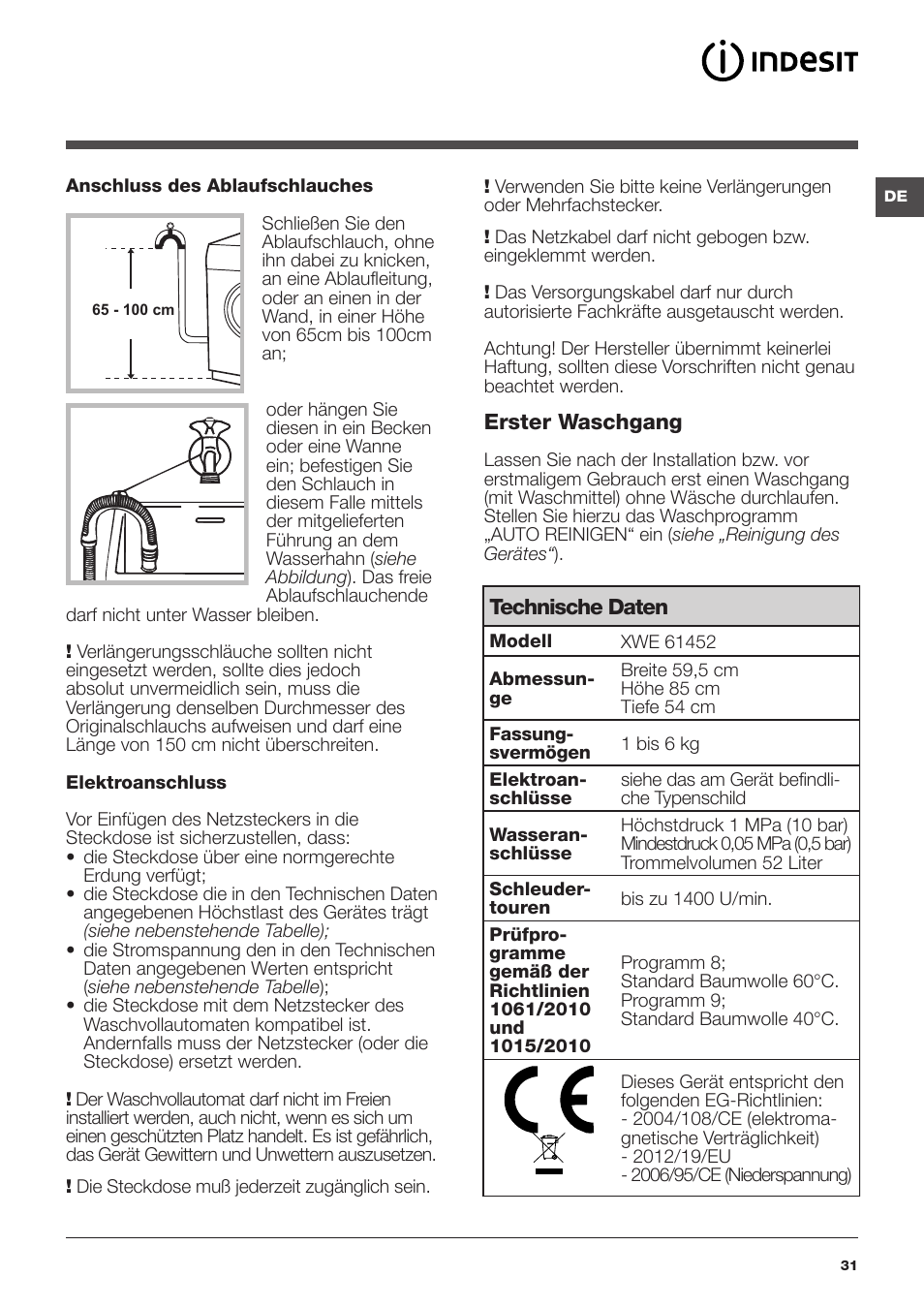 Indesit XWE-61452-W-EU User Manual | Page 31 / 72