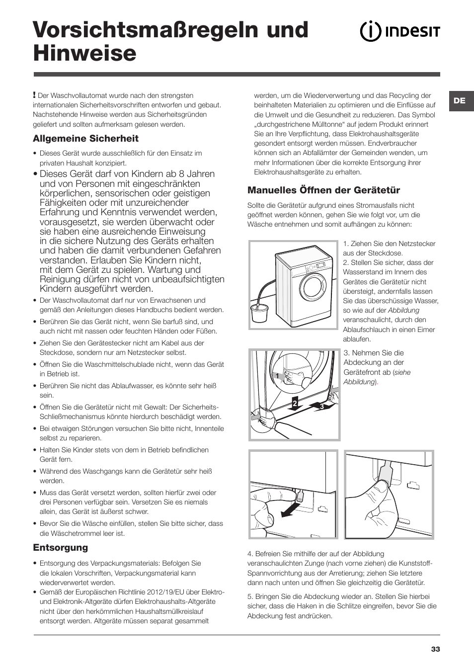 Vorsichtsmaßregeln und hinweise | Indesit XWE-61452-W-EU User Manual | Page 33 / 72