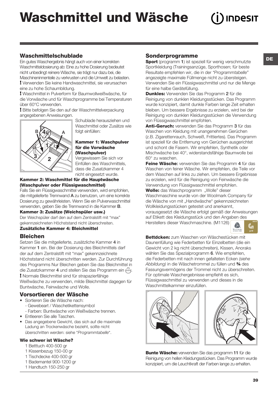 Waschmittel und wäsche | Indesit XWE-61452-W-EU User Manual | Page 39 / 72