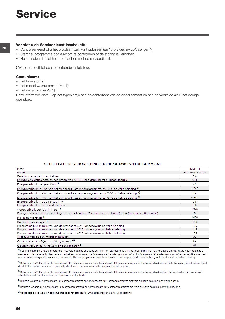 Service | Indesit XWE-61452-W-EU User Manual | Page 56 / 72