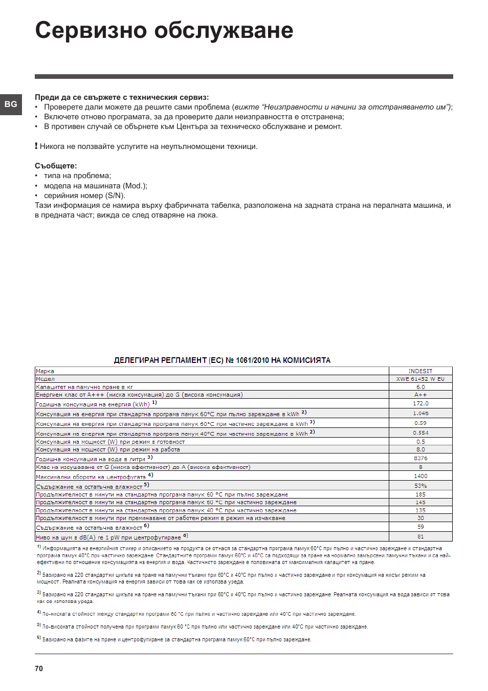 Сервизно обслужване | Indesit XWE-61452-W-EU User Manual | Page 70 / 72