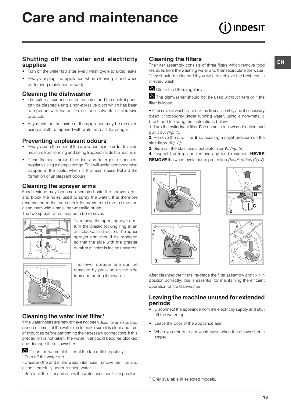 Care and maintenance, Shutting off the water and electricity supplies, Cleaning the dishwasher | Preventing unpleasant odours, Cleaning the sprayer arms, Cleaning the water inlet filter, Cleaning the filters, Leaving the machine unused for extended periods | Indesit DFG-26B10-EU User Manual | Page 13 / 72