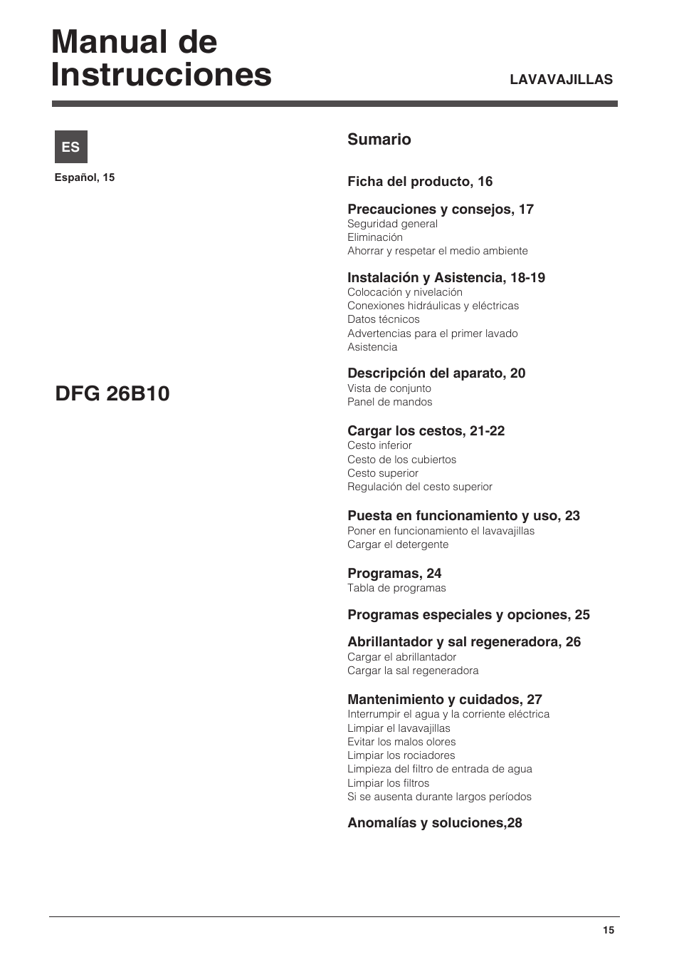 11601601_es, Manual de instrucciones, Dfg 26b10 | Indesit DFG-26B10-EU User Manual | Page 15 / 72