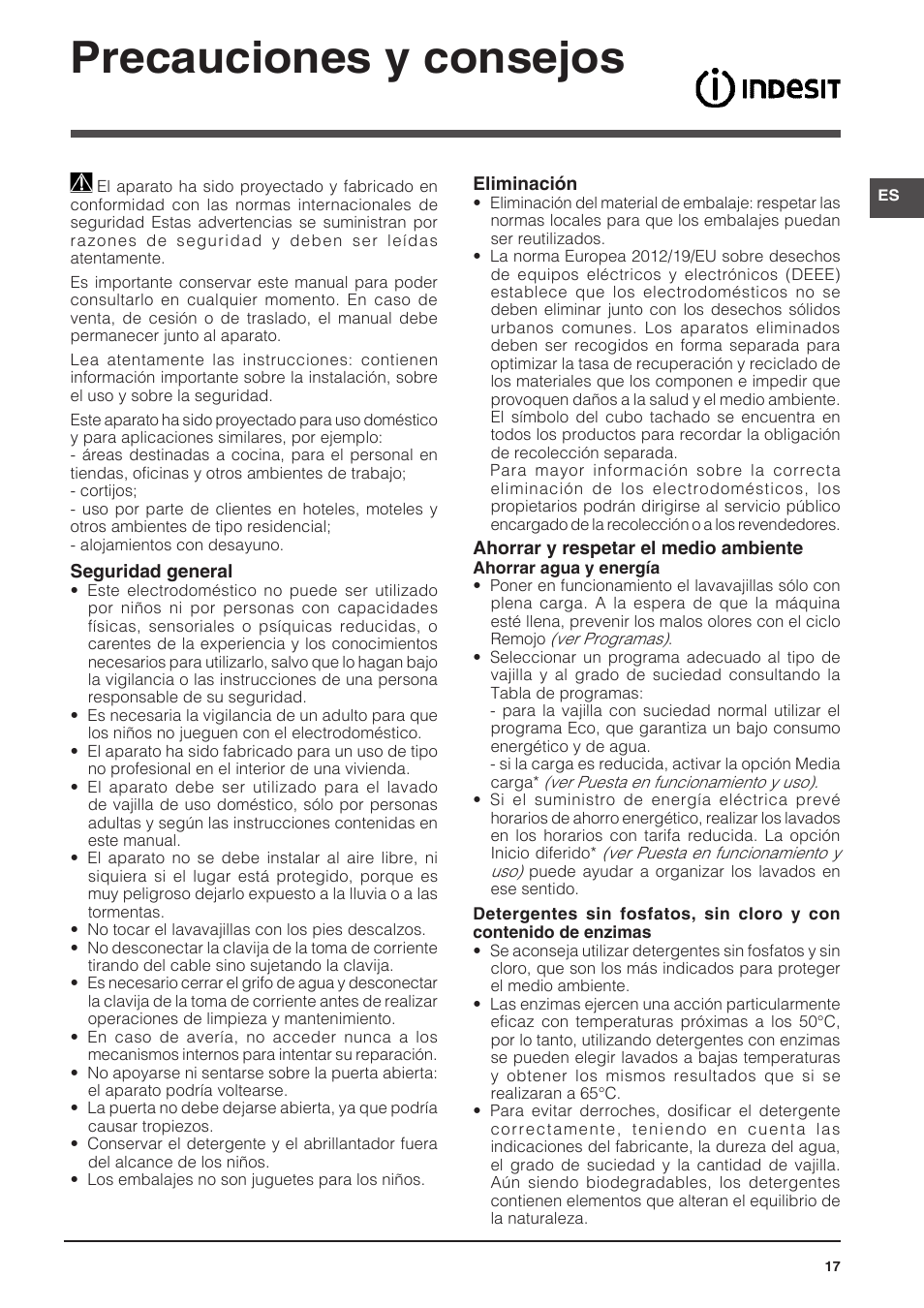 Precauciones y consejos | Indesit DFG-26B10-EU User Manual | Page 17 / 72