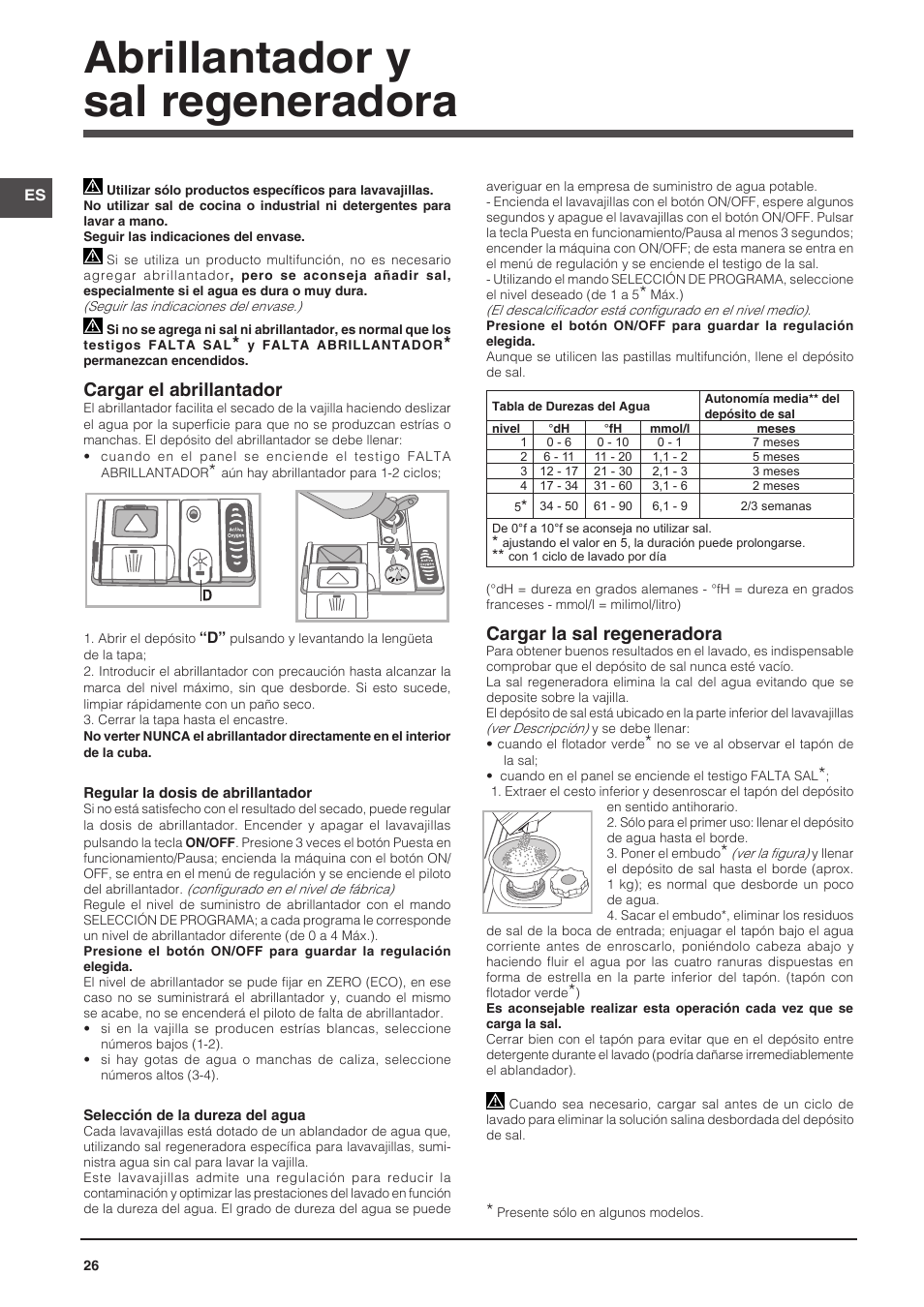 Abrillantador y sal regeneradora, Cargar el abrillantador, Cargar la sal regeneradora | Indesit DFG-26B10-EU User Manual | Page 26 / 72