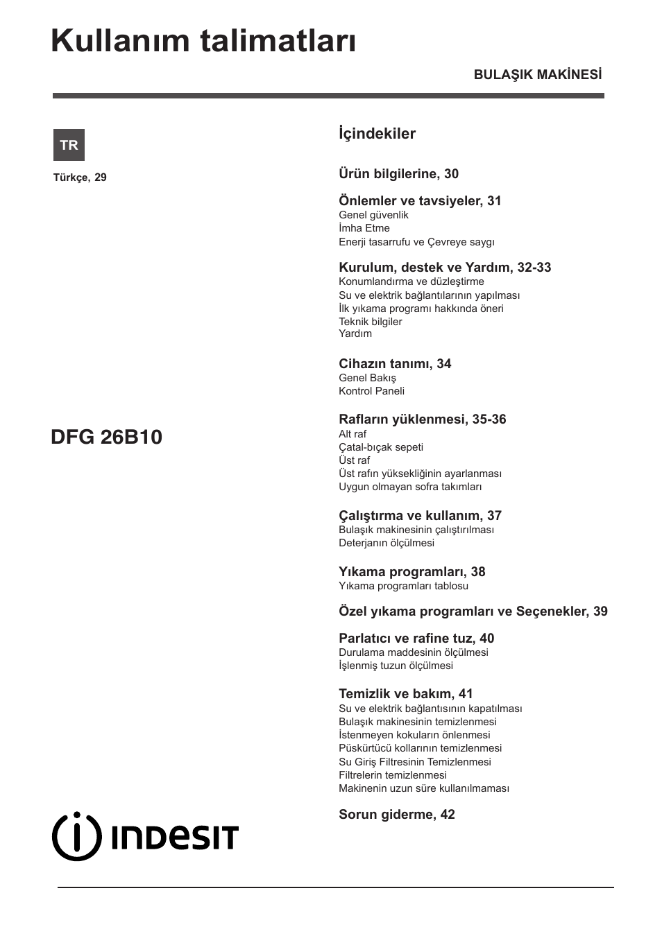 11601601_tr, Kullanım talimatları, Dfg 26b10 | Içindekiler | Indesit DFG-26B10-EU User Manual | Page 29 / 72