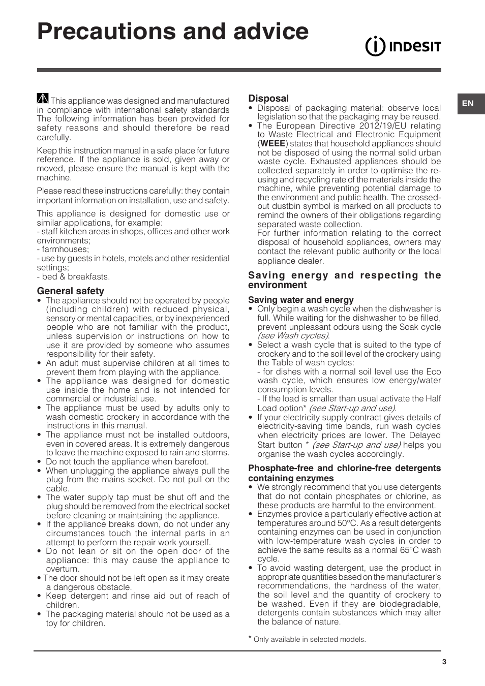 Precautions and advice | Indesit DFG-26B10-EU User Manual | Page 3 / 72