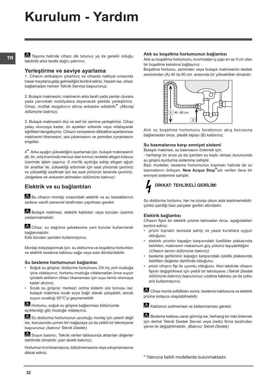 Kurulum - yardım, Yerleştirme ve seviye ayarlama, Elektrik ve su bağlantıları | Indesit DFG-26B10-EU User Manual | Page 32 / 72