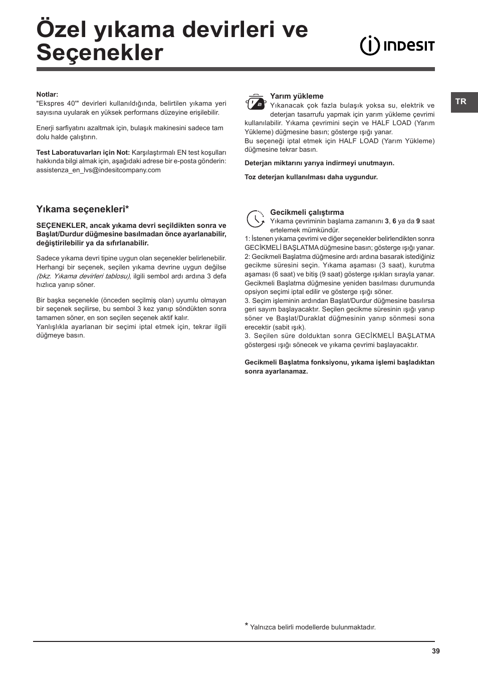 Özel yıkama devirleri ve seçenekler, Yıkama seçenekleri | Indesit DFG-26B10-EU User Manual | Page 39 / 72