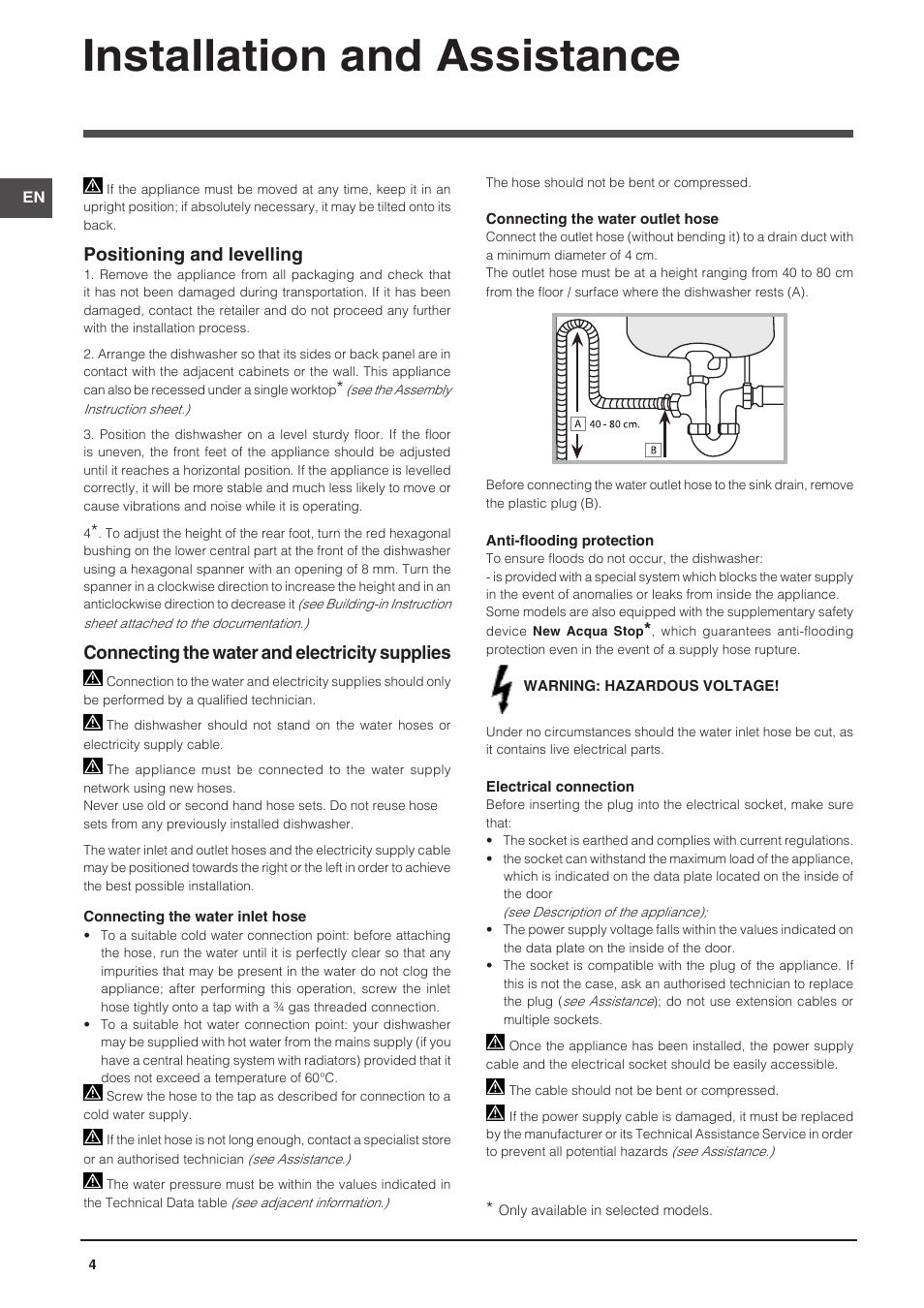 Installation and assistance, Positioning and levelling, Connecting the water and electricity supplies | Indesit DFG-26B10-EU User Manual | Page 4 / 72