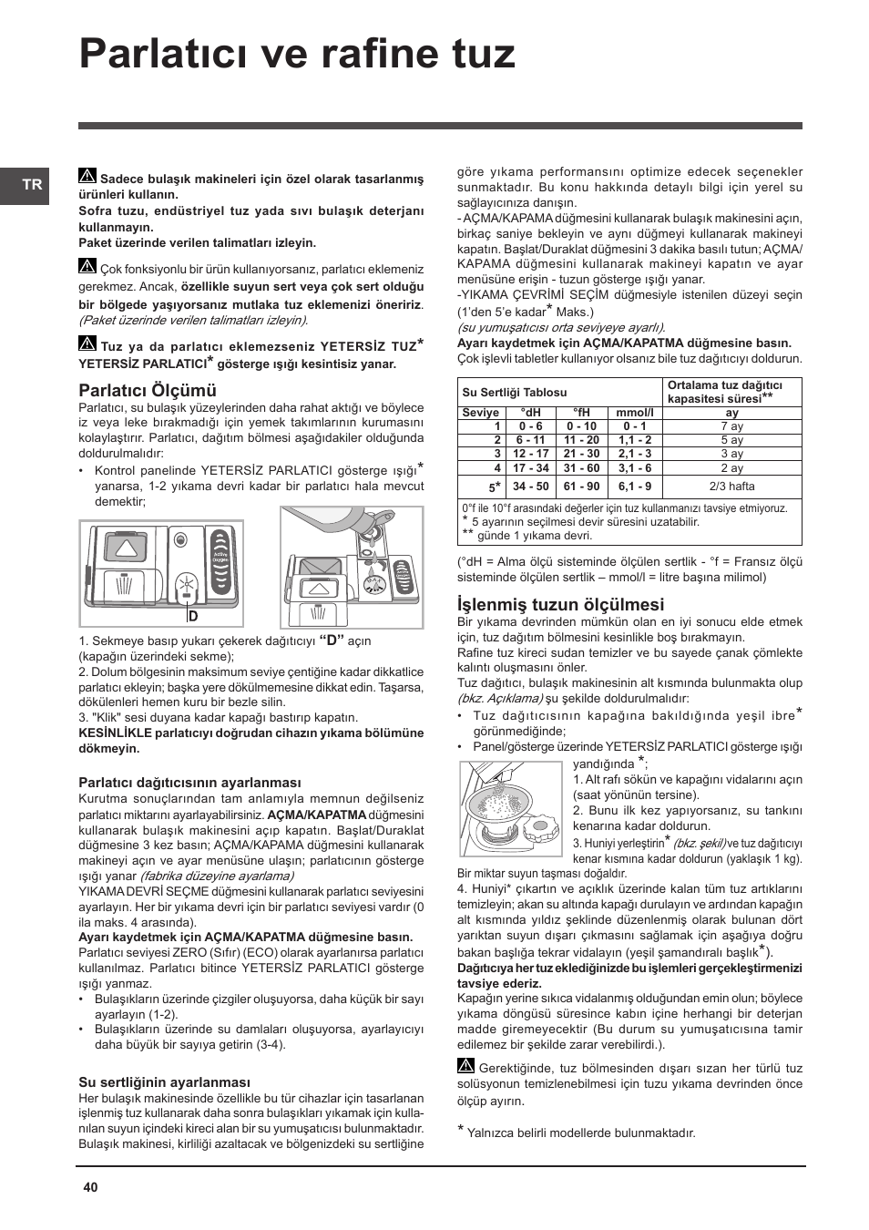 Parlatıcı ve rafine tuz, Parlatıcı ölçümü, Işlenmiş tuzun ölçülmesi | Indesit DFG-26B10-EU User Manual | Page 40 / 72