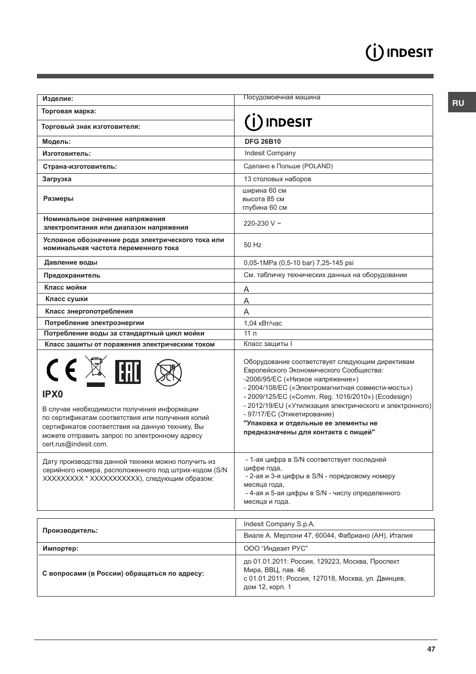 Indesit DFG-26B10-EU User Manual | Page 47 / 72