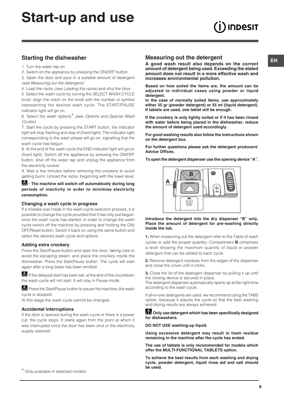 Start-up and use, Measuring out the detergent, Starting the dishwasher | Indesit DFG-26B10-EU User Manual | Page 9 / 72