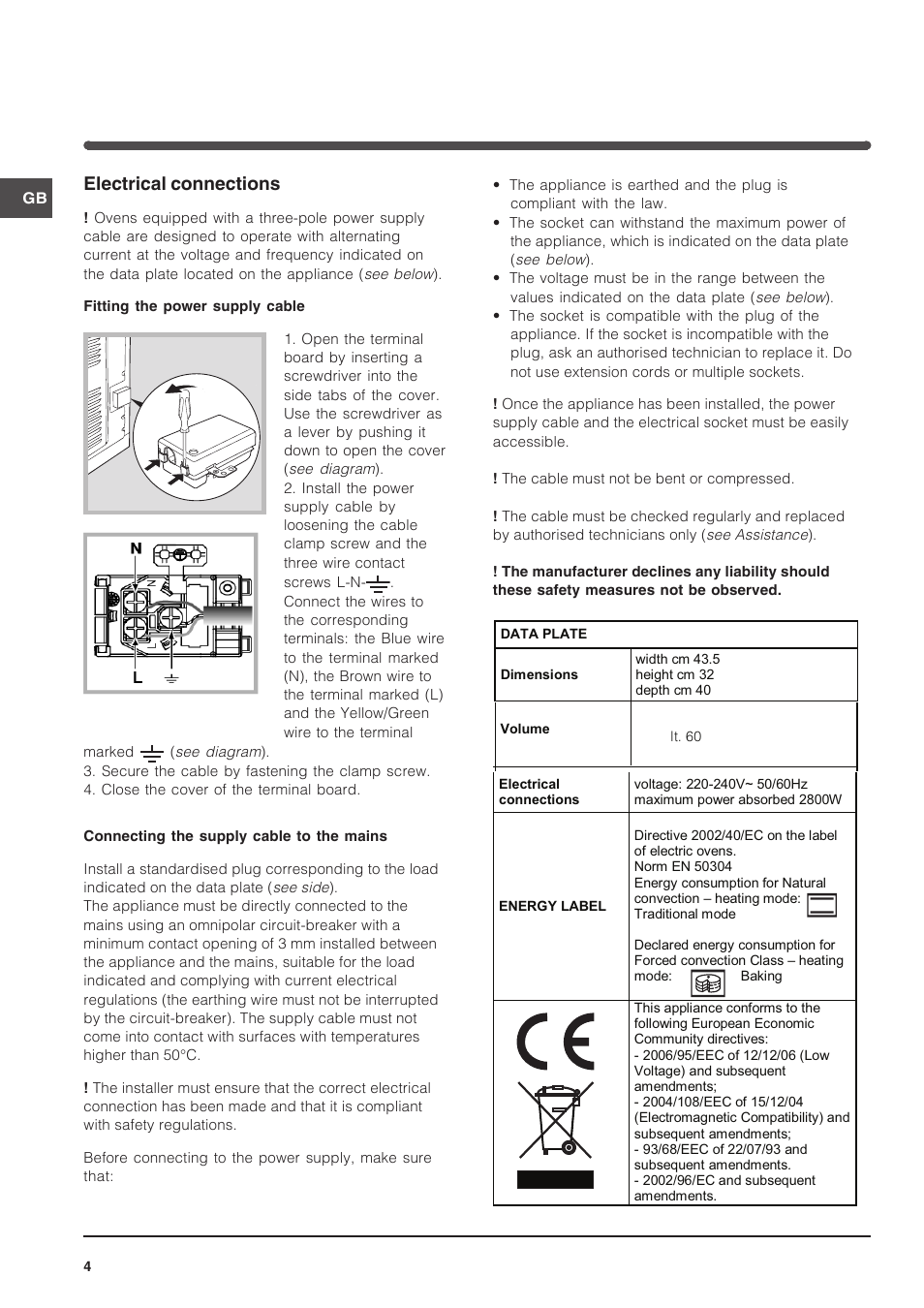 Electrical connections | Indesit FA-757-J-K.A-IX User Manual | Page 4 / 32