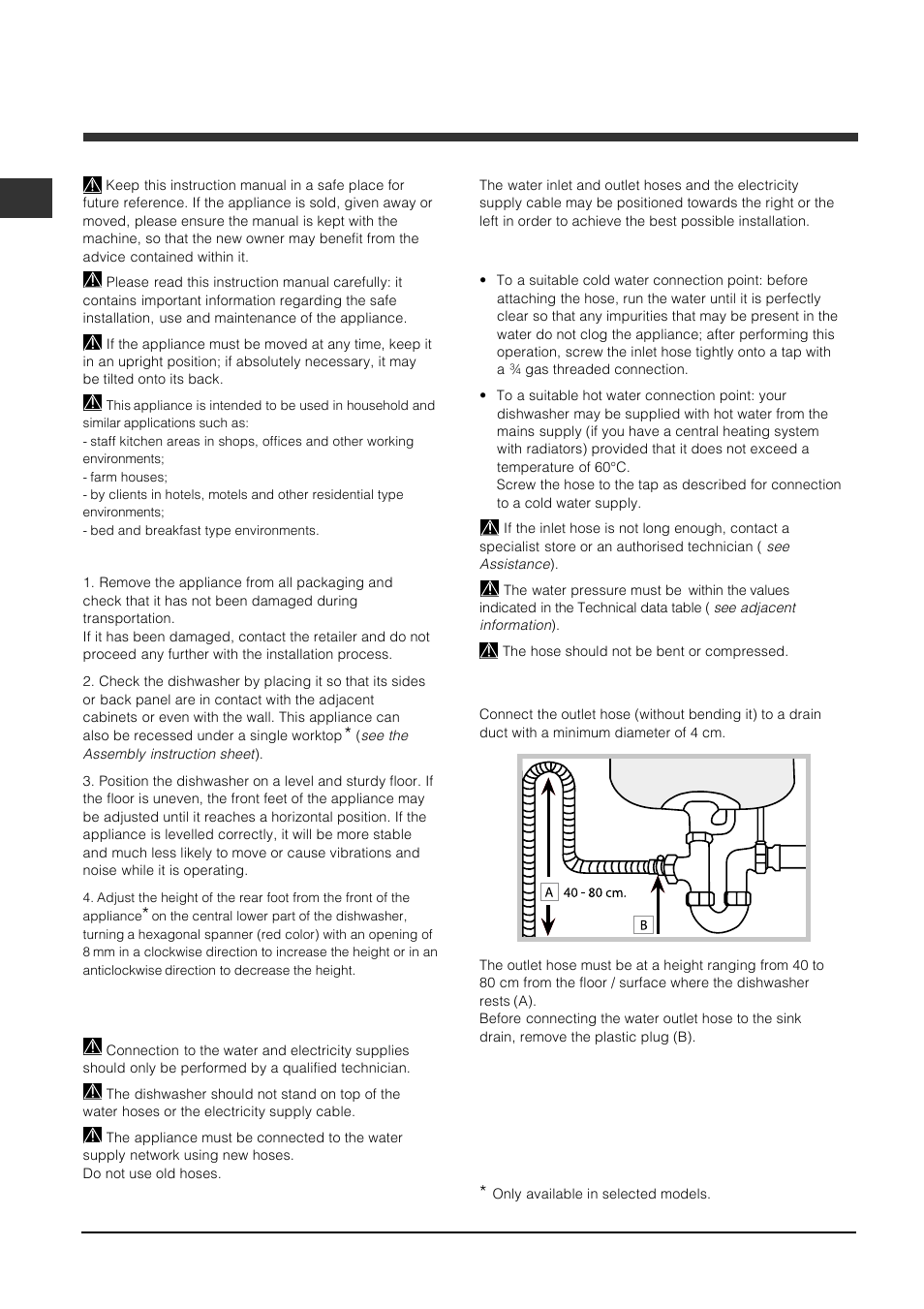 Installation, Positioning and levelling, Connecting the water and electricity supplies | Indesit DFP 2727 User Manual | Page 16 / 68