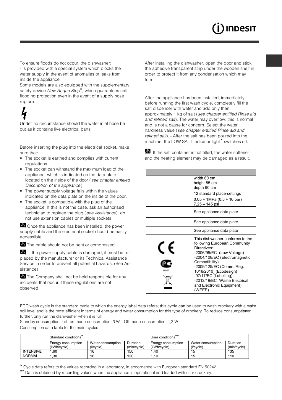 Advice regarding the first wash cycle | Indesit DFP 2727 User Manual | Page 17 / 68