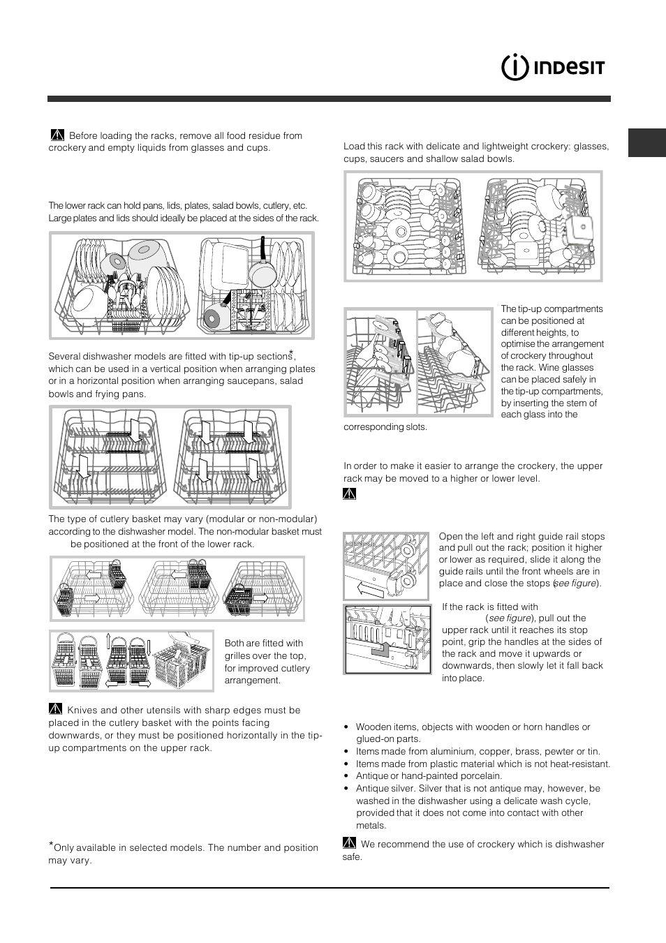 Loading the racks, Lower rack and cutlery basket, Upper rack | Indesit DFP 2727 User Manual | Page 19 / 68