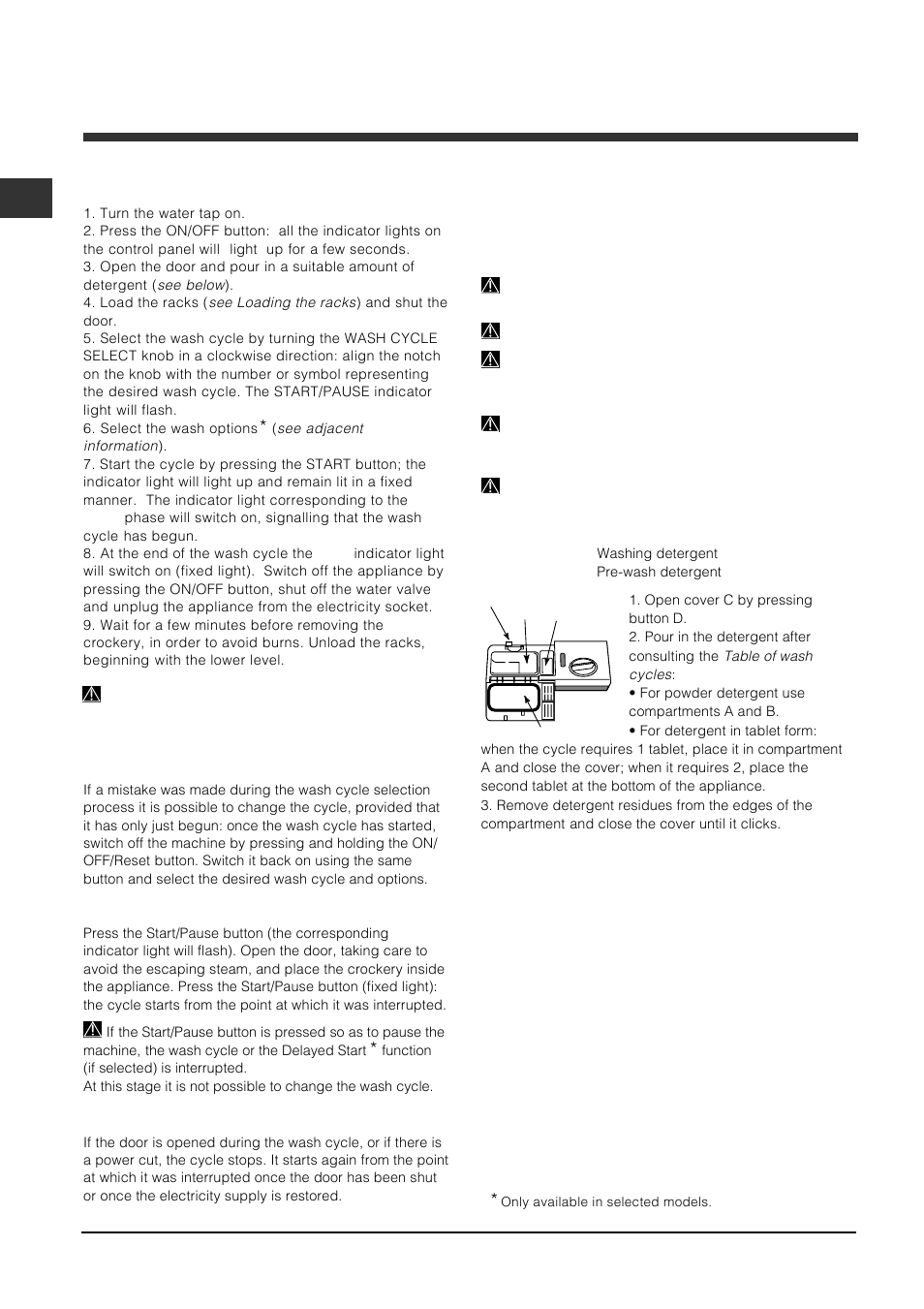 Start-up and use, Measuring out the detergent, Starting the dishwasher | Indesit DFP 2727 User Manual | Page 20 / 68