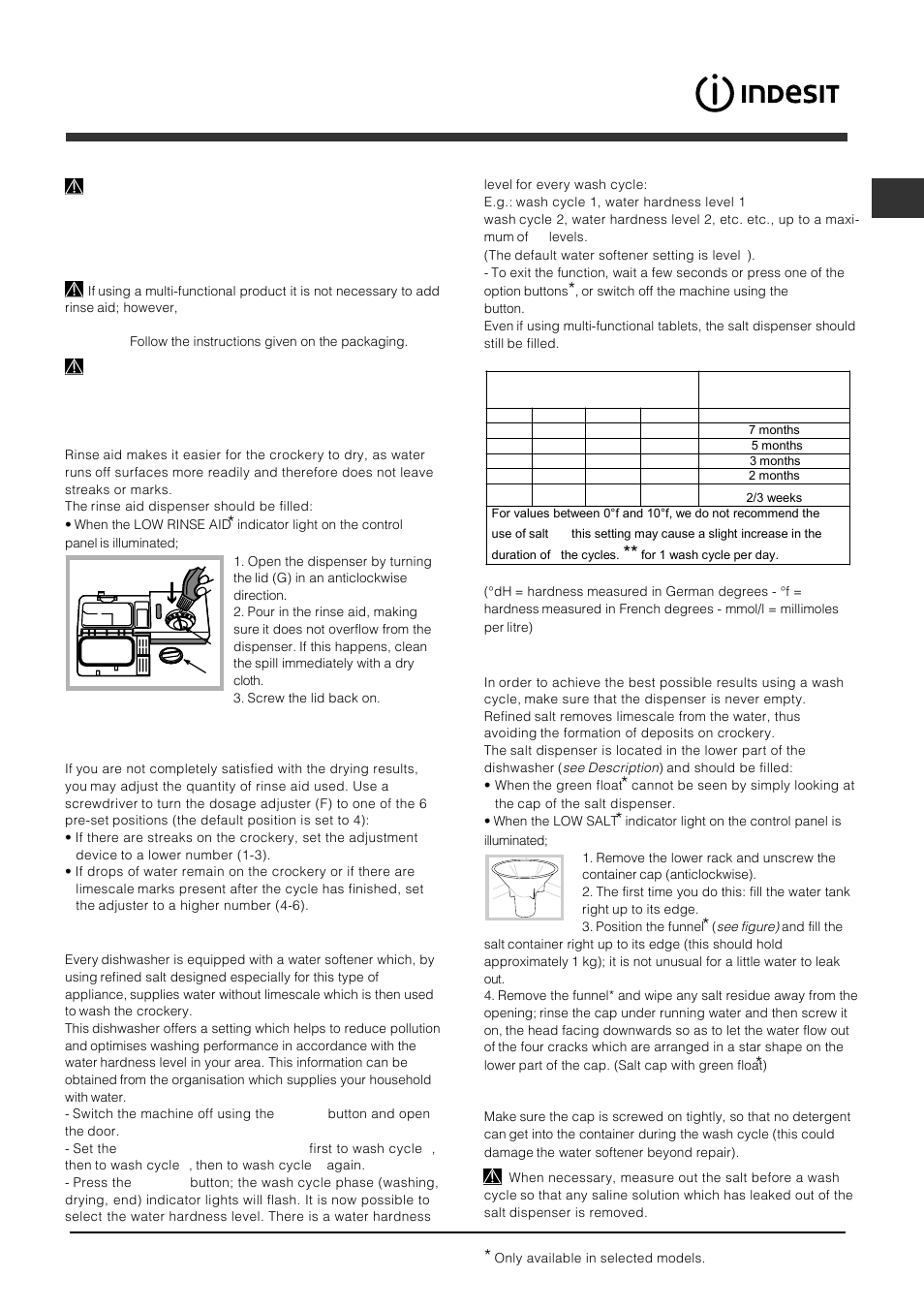 Rinse aid and refined salt, Measuring out the rinse aid, Measuring out the refined salt | Indesit DFP 2727 User Manual | Page 23 / 68