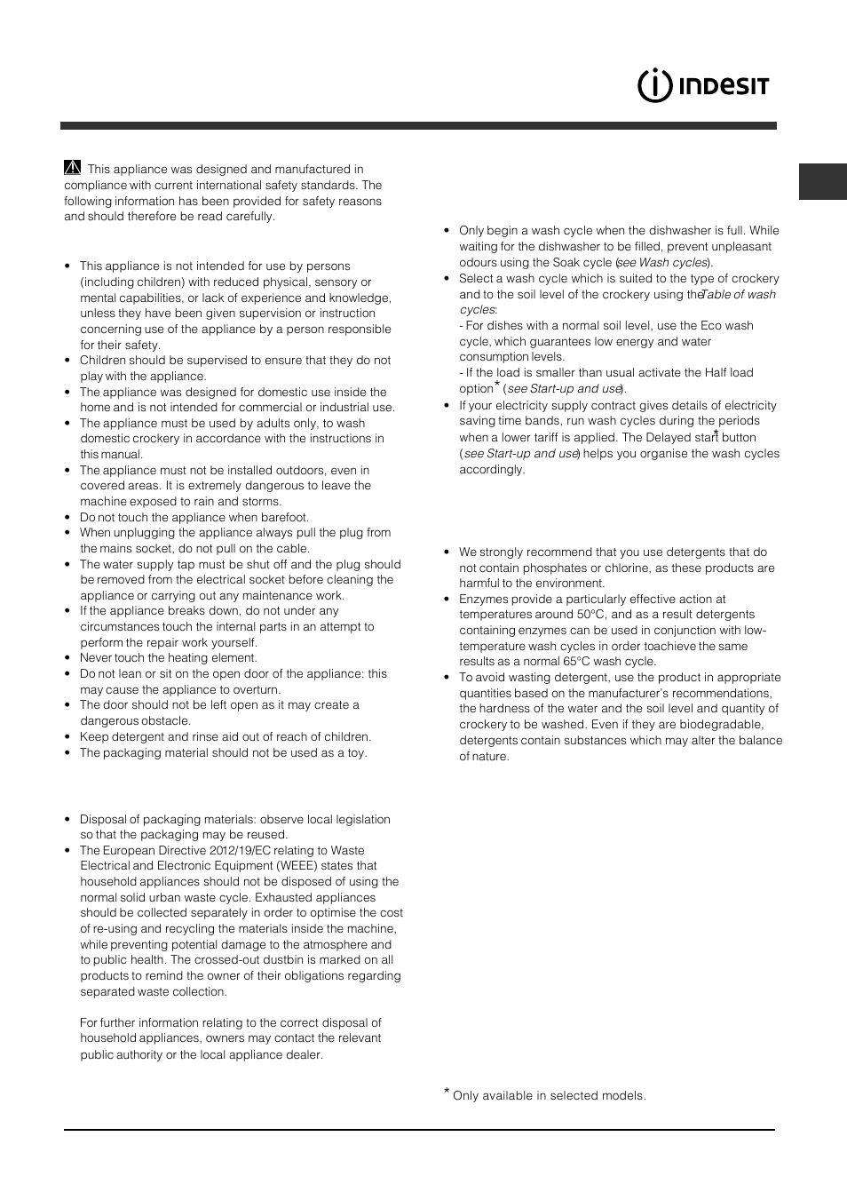 Precautions and advice, General safety, Disposal | Saving energy and respecting the environment | Indesit DFP 2727 User Manual | Page 25 / 68