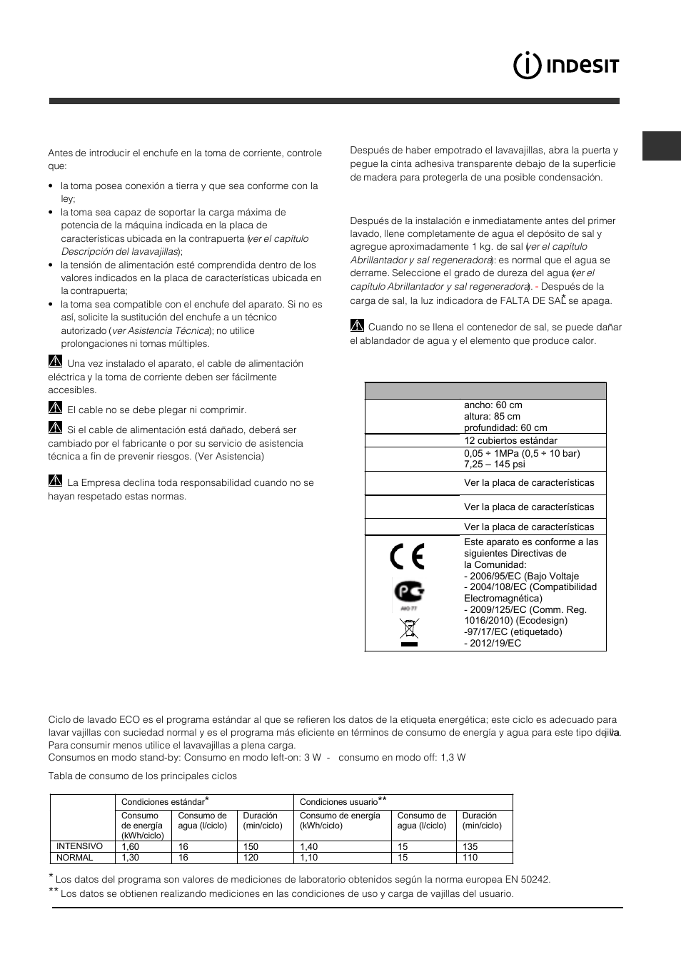 Advertencias para el primer lavado | Indesit DFP 2727 User Manual | Page 31 / 68