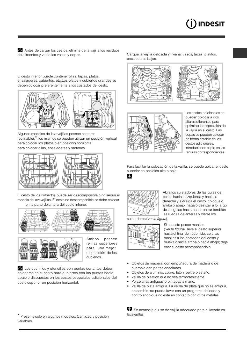 Cargar los cestos, Cesto superior, Cesto inferior y cesto para cubiertos | Indesit DFP 2727 User Manual | Page 33 / 68