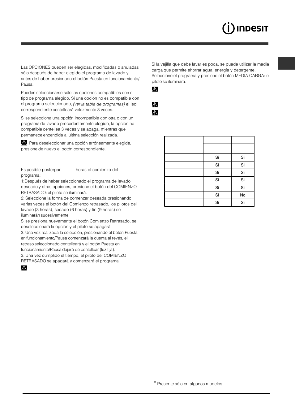 Opciones de lavado | Indesit DFP 2727 User Manual | Page 35 / 68