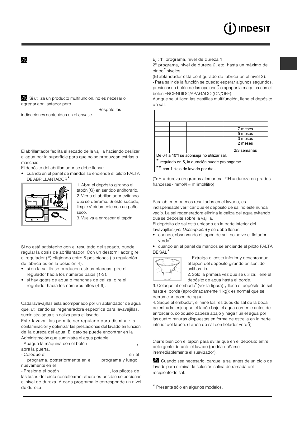 Abrillantador y sal regeneradora, Cargar el abrillantador, Cargar la sal regeneradora | Indesit DFP 2727 User Manual | Page 37 / 68