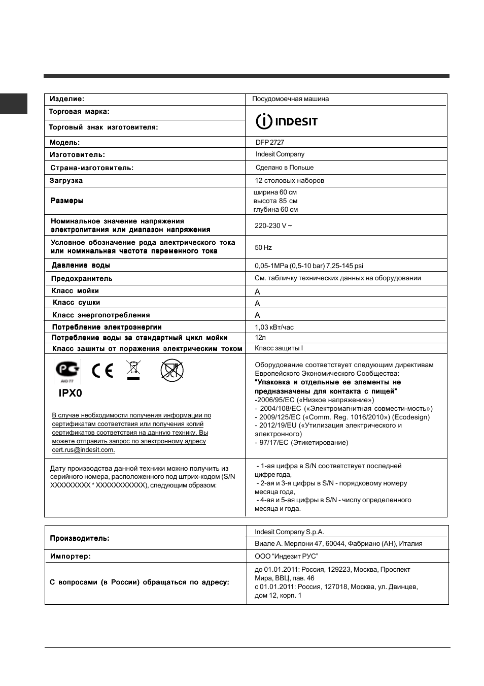 Ipx0 | Indesit DFP 2727 User Manual | Page 4 / 68