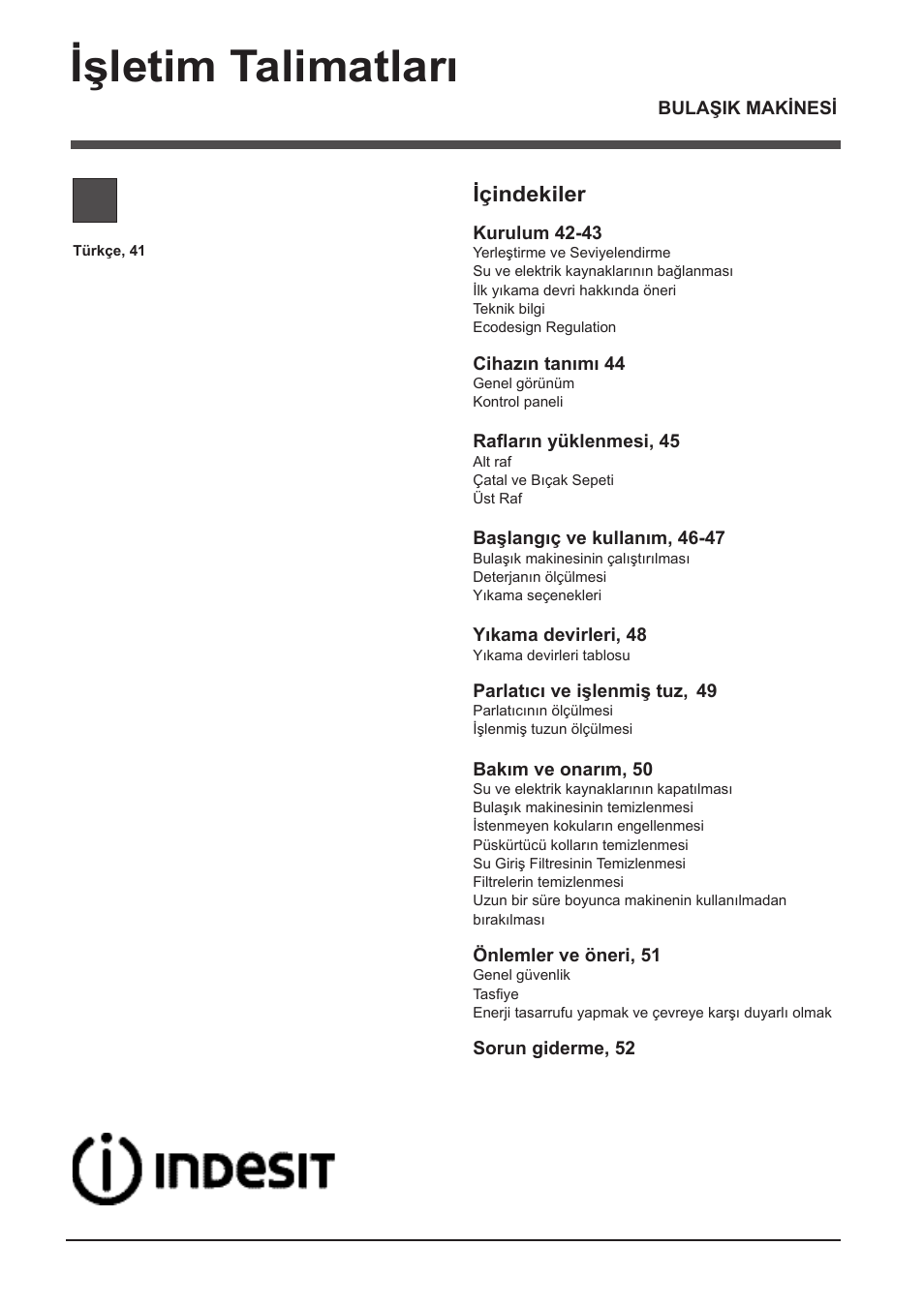082247_tr, Işletim talimatları, Içindekiler | Dfp 2727 | Indesit DFP 2727 User Manual | Page 41 / 68