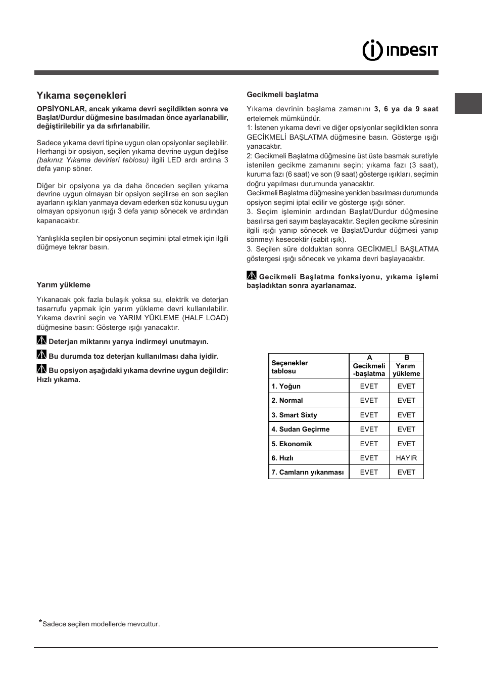 Yıkama seçenekleri | Indesit DFP 2727 User Manual | Page 47 / 68