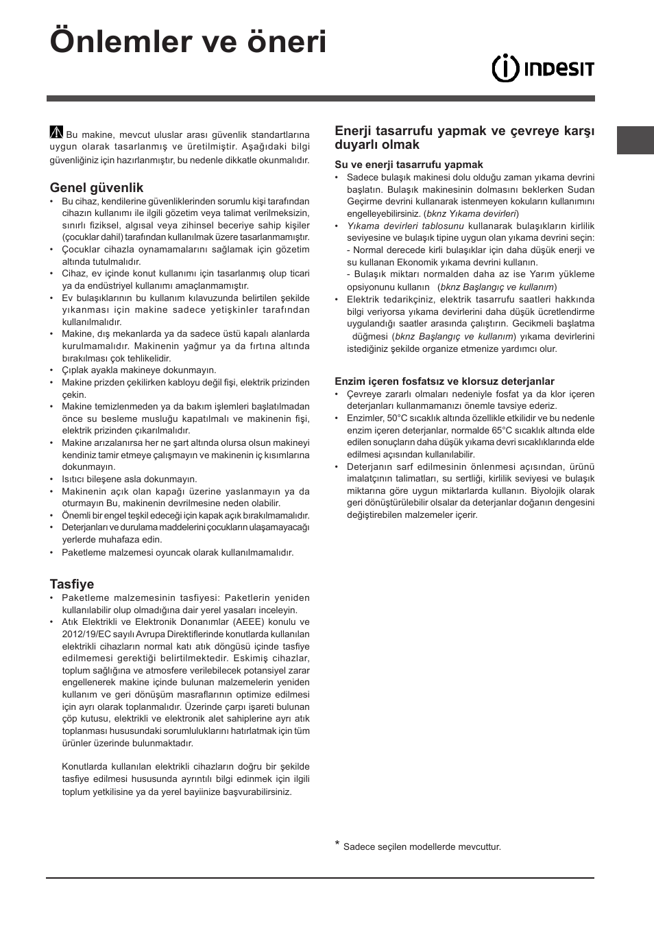 Önlemler ve öneri, Genel güvenlik, Tasfiye | Indesit DFP 2727 User Manual | Page 51 / 68