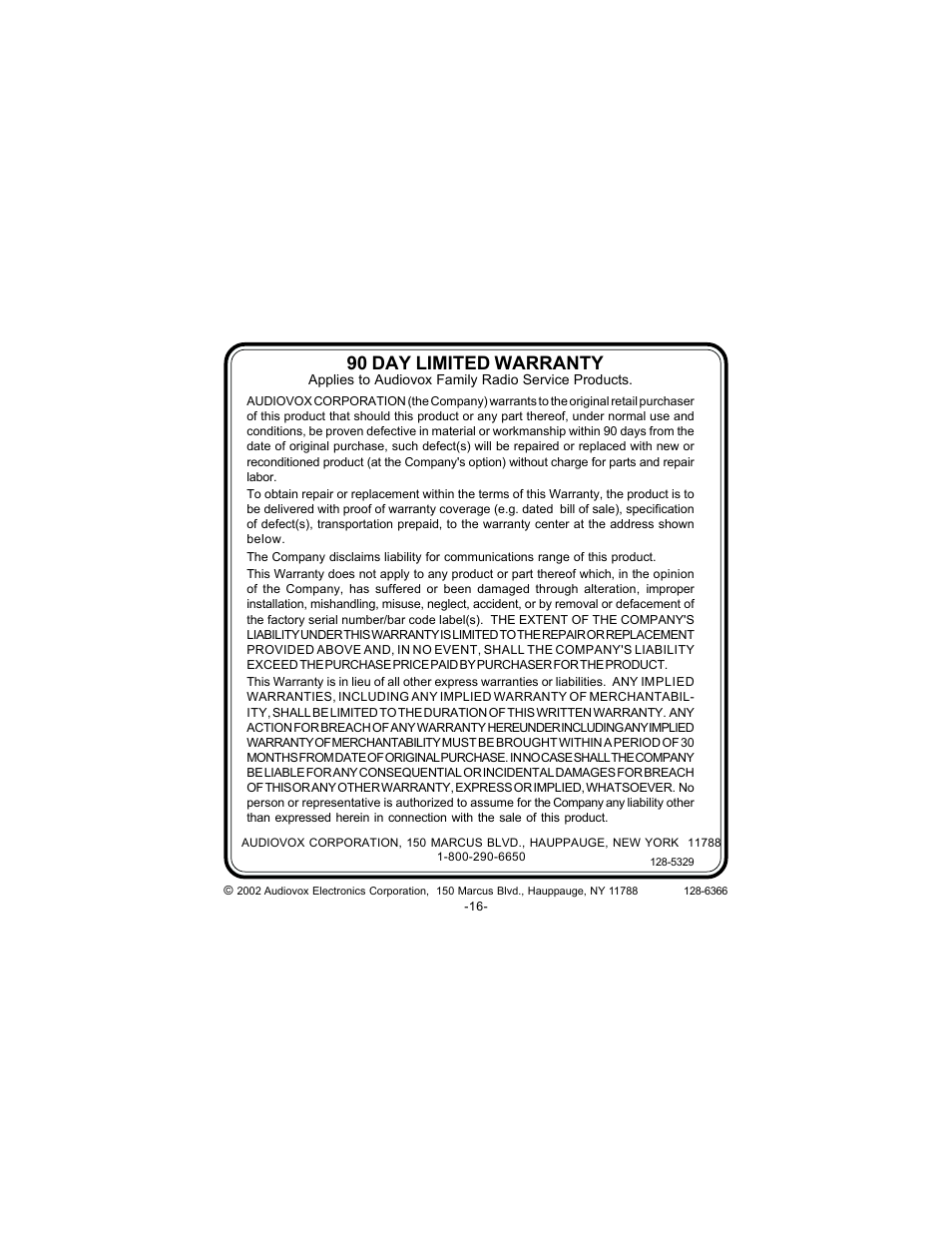 90 day limited warranty | Audiovox FRS-WP1 User Manual | Page 16 / 16