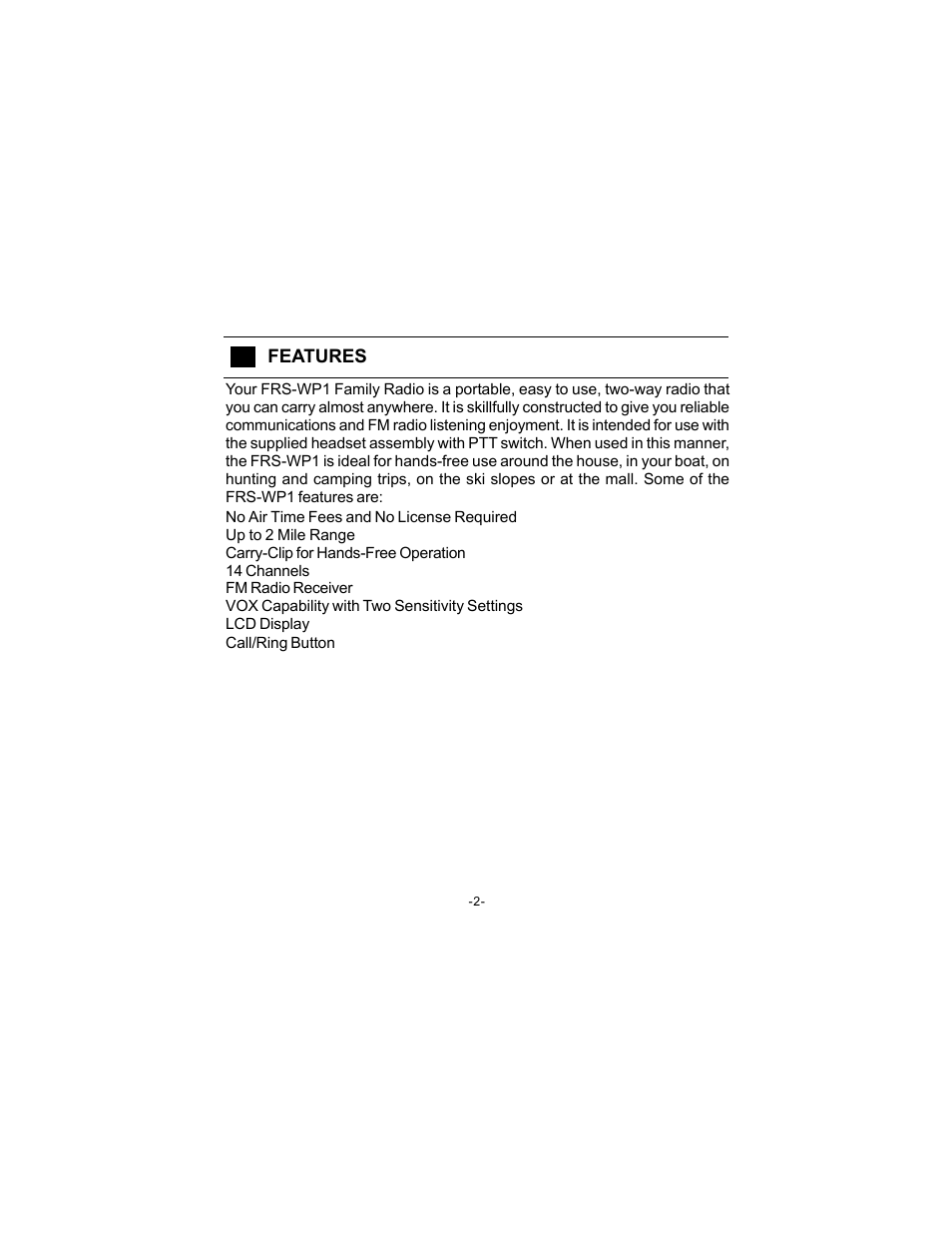 Audiovox FRS-WP1 User Manual | Page 2 / 16