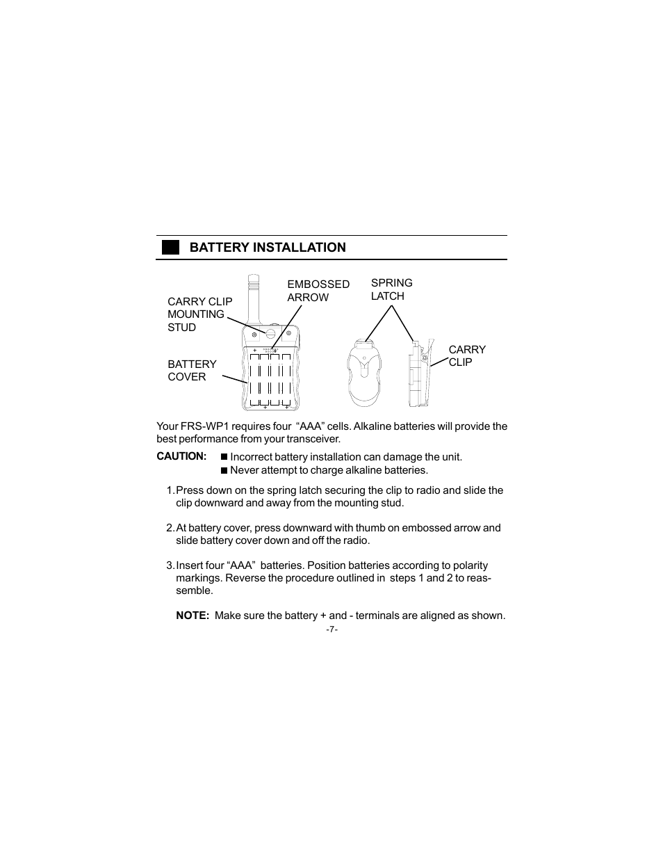 Battery installation | Audiovox FRS-WP1 User Manual | Page 7 / 16