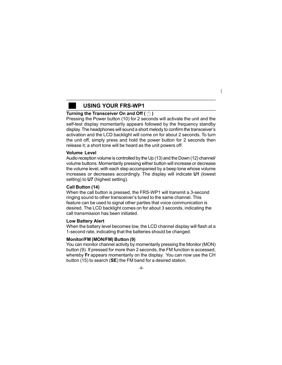 Audiovox FRS-WP1 User Manual | Page 9 / 16