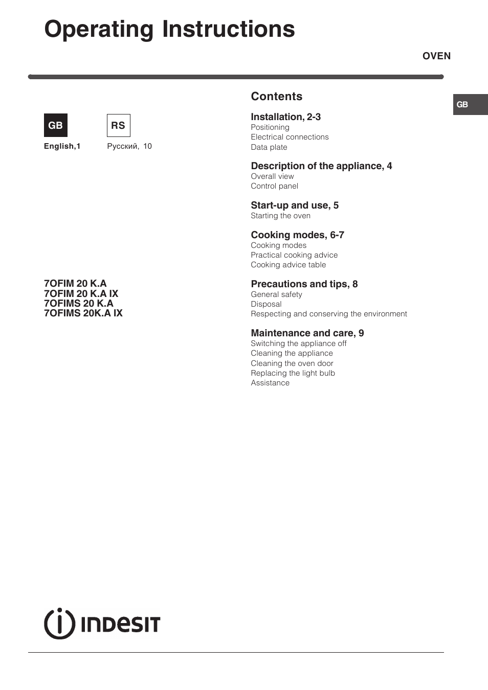 Indesit 7OFIM-20-K.A-IX User Manual | 20 pages