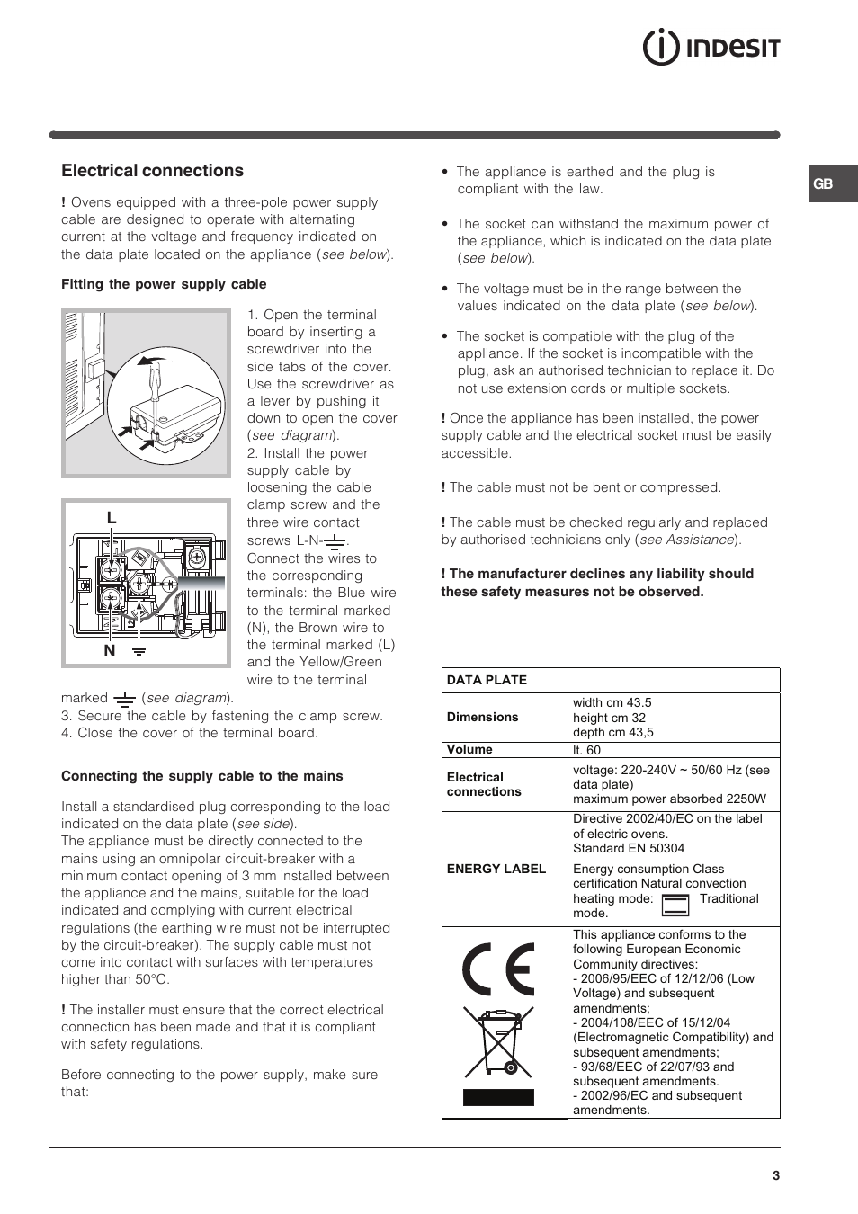 Electrical connections | Indesit 7OFIM-20-K.A-IX User Manual | Page 3 / 20