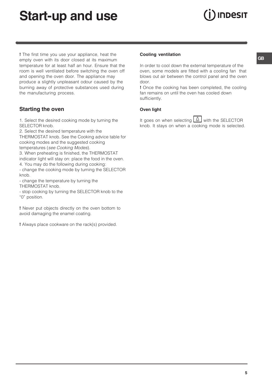 Start-up and use | Indesit 7OFIM-20-K.A-IX User Manual | Page 5 / 20